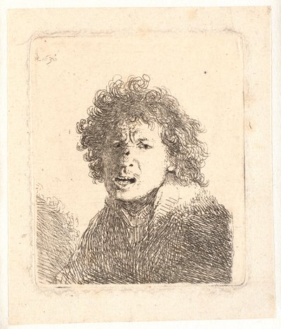 Rembrandt barhodet og åpen munn, som om han ropte: byste av Rembrandt van Rijn