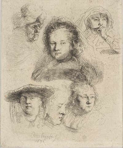 Rembrandts kone og fem andre hoder, 1636. av Rembrandt van Rijn