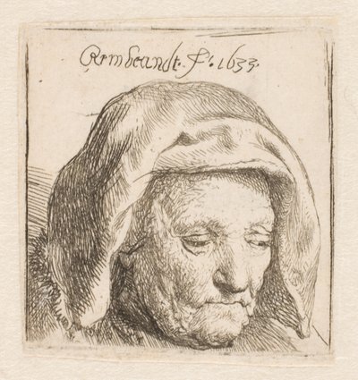 Rembrandts mor med et hodeplagg av stoff, mens hun ser ned: kun hodet av Rembrandt van Rijn