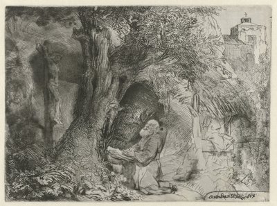 Saint Francis under et tre, ber St Francis under et tre ber av Rembrandt van Rijn