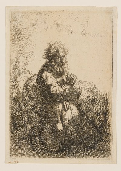 Den hellige Hieronymus knelende i bønn, med blikket vendt nedover av Rembrandt van Rijn