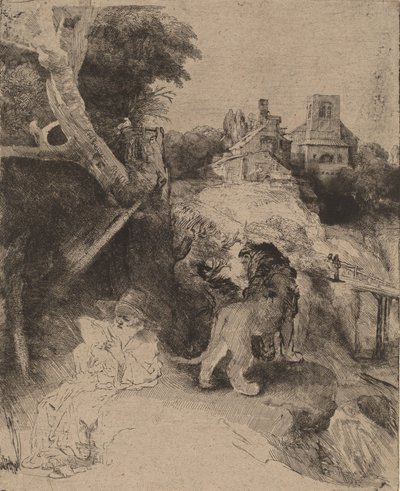 Saint Jerome leser i et italiensk landskap, ca. 1653. av Rembrandt van Rijn