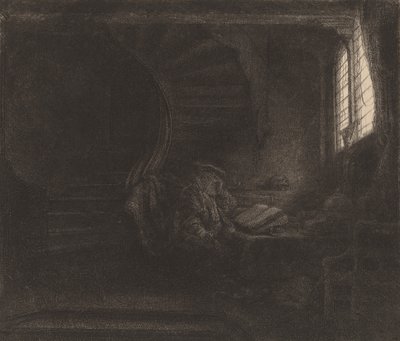Saint Hieronymus i et mørkt kammer, 1642. av Rembrandt van Rijn