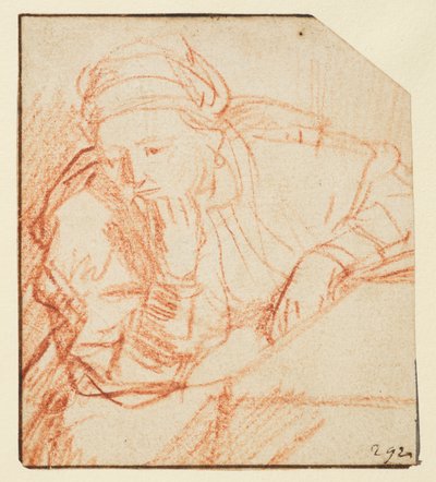 Saskia satt ved et bord, av Rembrandt van Rijn