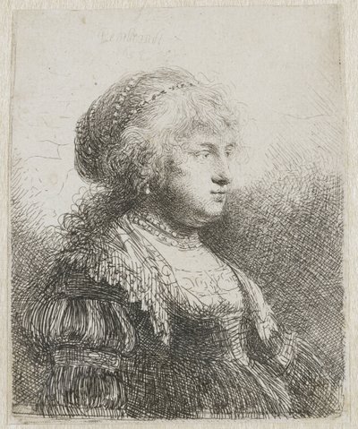 Saskia med perler i håret av Rembrandt van Rijn