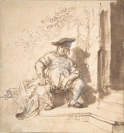 Sittende mann med flat hette, 1635-40. av Rembrandt van Rijn