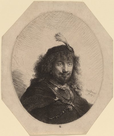 Selvportrett (?) med plymerhette og senket sabel av Rembrandt van Rijn