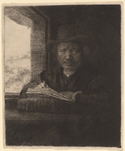 Selvportrett tegning ved et vindu av Rembrandt van Rijn
