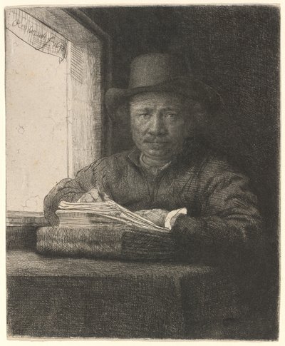 Selvportrett tegning ved et vindu av Rembrandt van Rijn