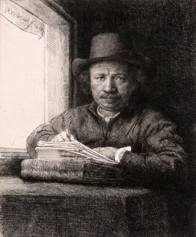 Selvportrett tegning ved et vindu av Rembrandt van Rijn av Rembrandt van Rijn
