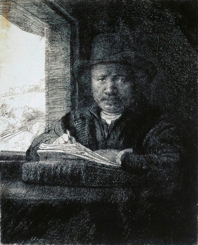 Selvportrett tegning ved et vindu, 1648. av Rembrandt van Rijn