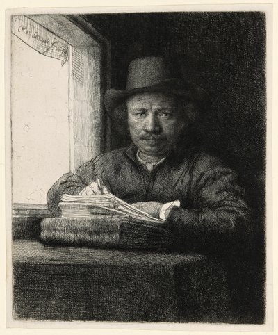 Selvportrett etsing ved et vindu av Rembrandt van Rijn
