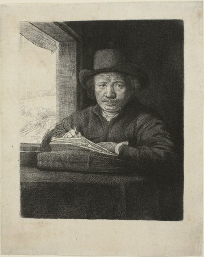 Selvportrett Etsning ved et vindu av Rembrandt van Rijn