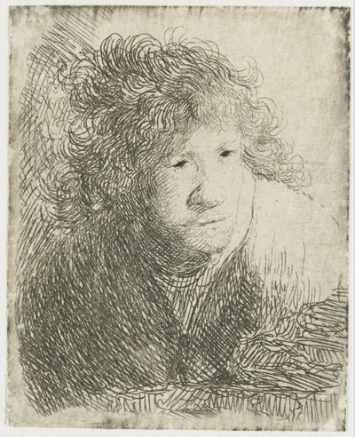 Selvportrett, lener seg fremover, lytter, 1628. av Rembrandt van Rijn