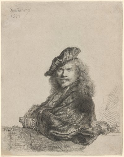 Selvportrett lener seg på en steinterskel av Rembrandt van Rijn