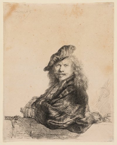 Selvportrett lener seg på en steinterskel av Rembrandt van Rijn
