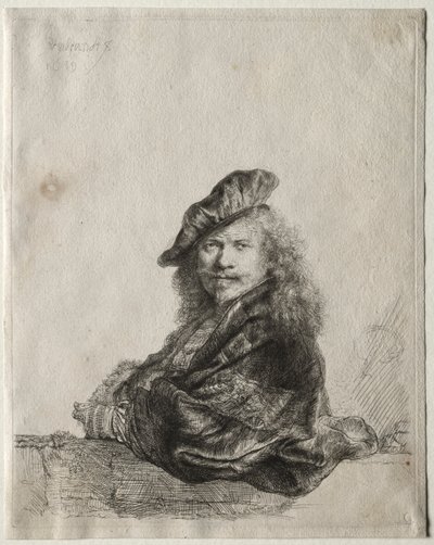Selvportrett lener seg på en steinterskel av Rembrandt van Rijn