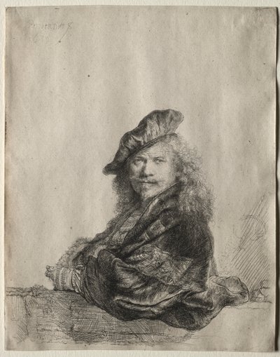 Selvportrett lener seg på en steinterskel av Rembrandt van Rijn