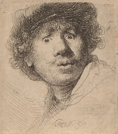 Selvportrett med lue, åpen munn, 1630. av Rembrandt van Rijn