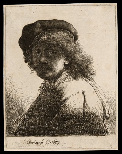 Selvportrett i lue og skjerf med ansiktet mørkt: byste av Rembrandt van Rijn