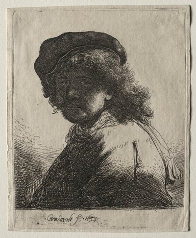 Selvportrett i lue og skjerf med ansiktet mørkt: Bust, 1633. av Rembrandt van Rijn