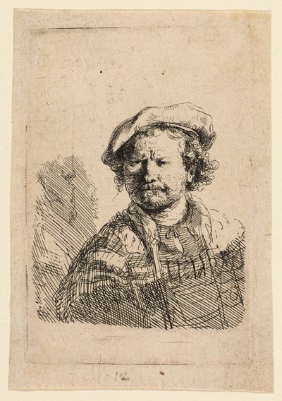 Selvportrett i flat caps og brodert kjole av Rembrandt van Rijn