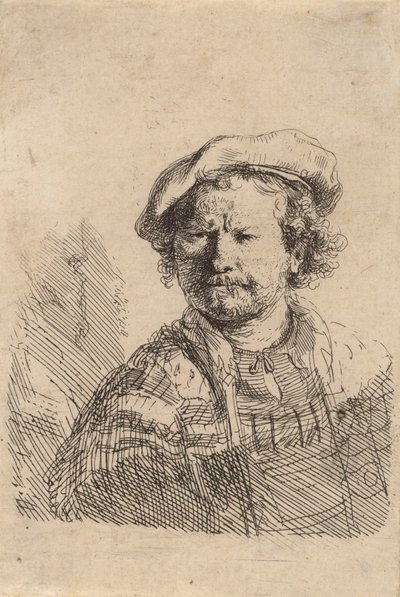 Selvportrett i flat caps og brodert kjole, ca. 1642. av Rembrandt van Rijn