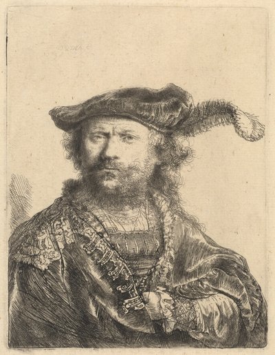 Selvportrett i fløyelshette med plume av Rembrandt van Rijn
