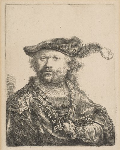 Selvportrett i en fløyelshette med plum, 1638. av Rembrandt van Rijn