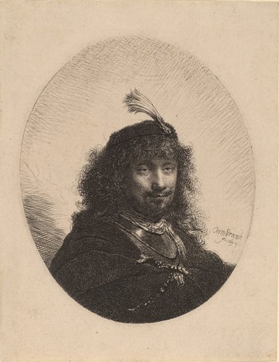 Selvportrett med plymerhette og senket sabel, 1634. av Rembrandt van Rijn