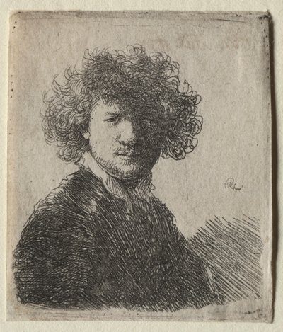 Selvportrett med krøllete hår og hvit krage: Byste av Rembrandt van Rijn