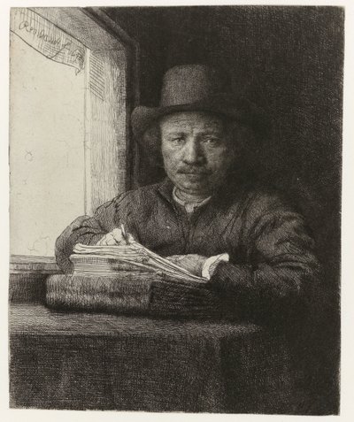 Selvportrett, Etsning ved et vindu Selvportrett-etsing ved et vindu av Rembrandt van Rijn