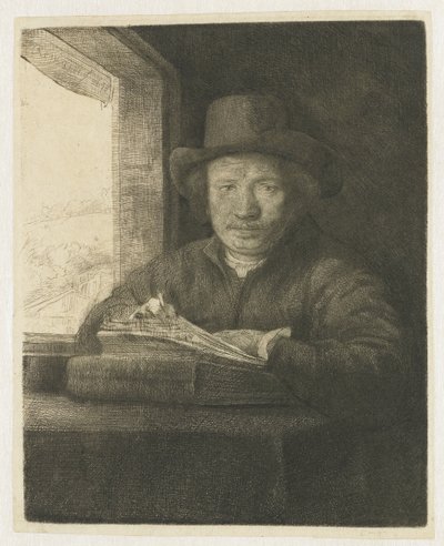 Selvportrett-etsing ved et vindu av Rembrandt van Rijn