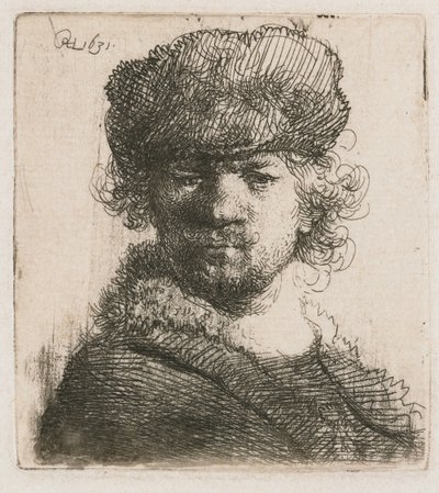Selvportrett i en lue med tung pels Selvportrett i tung pelshatt: byste av Rembrandt van Rijn