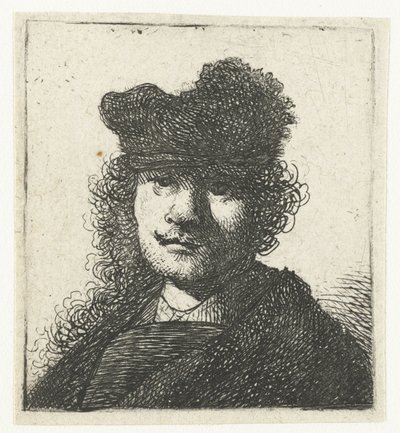 Selvportrett i caps og mørk kappe: byste av Rembrandt van Rijn