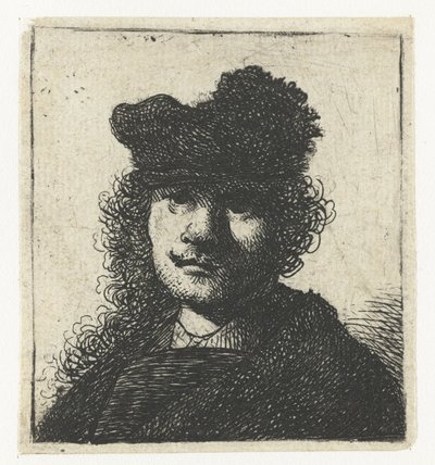Selvportrett i caps og mørk kappe: byste av Rembrandt van Rijn