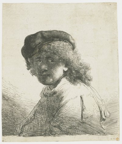 Selvportrett i lue og skjerf med ansiktet mørkt: byste av Rembrandt van Rijn