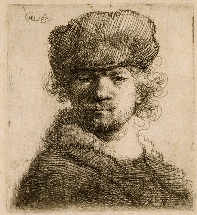 Selvportrett i en tung pelshatt: byste, 1631. av Rembrandt van Rijn