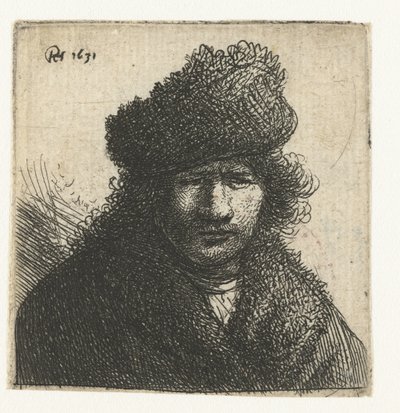 Selvportrett i skrå pelshatt: byste av Rembrandt van Rijn