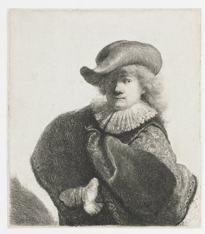 Selvportrett i myk lue og mønstret kappe av Rembrandt van Rijn