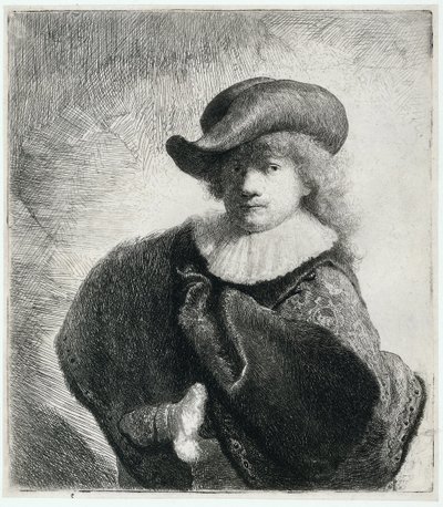 Selvportrett i myk hatt og brodert kappe, 1631. av Rembrandt van Rijn