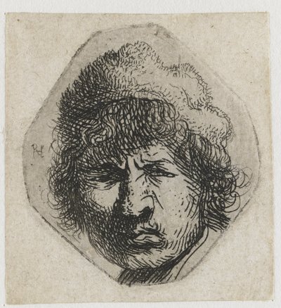 Selvportrett skulende av Rembrandt van Rijn