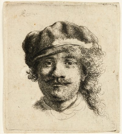 Selvportrett med myk hette: hele ansiktet, kun hode, ca. 1634. av Rembrandt van Rijn