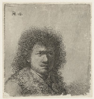 Selvportrett med buskete hår: byste av Rembrandt van Rijn