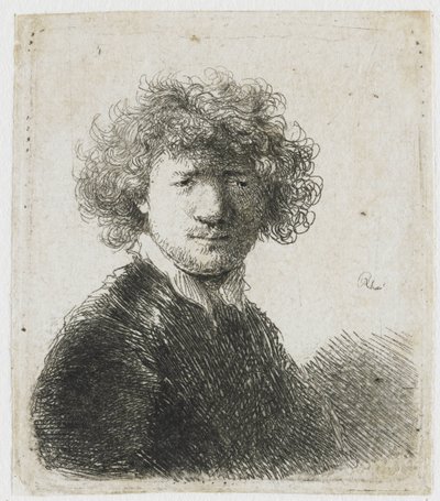 Selvportrett med krøllete hår og hvit krage: byste av Rembrandt van Rijn