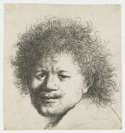 Selvportrett med langt buskete hår: kun hode av Rembrandt van Rijn
