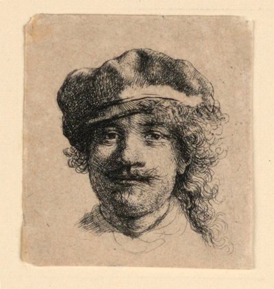 Selvportrett med myk hette: Helt ansikt, kun hode av Rembrandt van Rijn