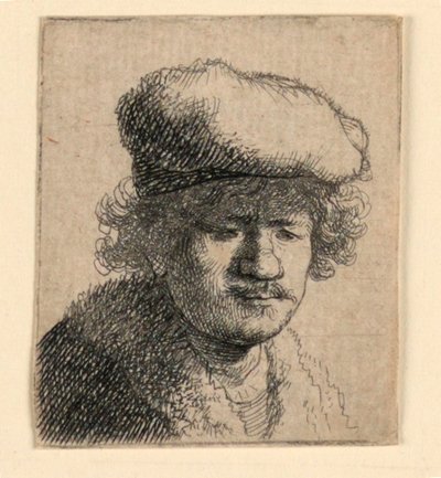 Selvportrett med hetten trukket forover av Rembrandt van Rijn