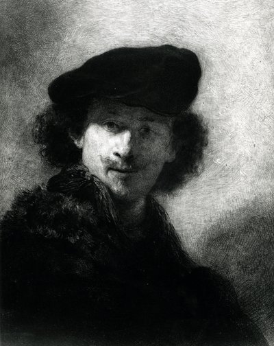 Selvportrett med en fløyelsbasker av Rembrandt van Rijn