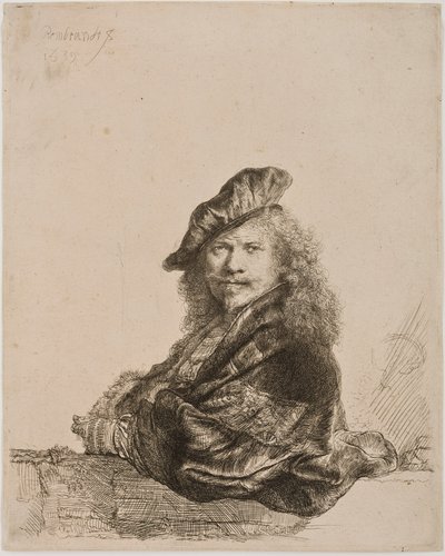 Selvportrett lent på en vinduskarm, 1639 (etsing og tørrnål) av Rembrandt van Rijn